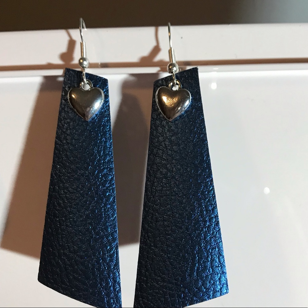Blue Faux Leather Earrings with Heart